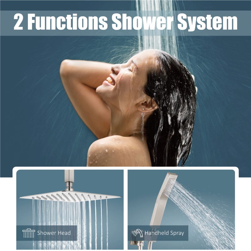Aolemi Shower Faucet Set Ceiling Mount Shower System Rough-in Valve and Shower Trim Kit 10 Inch Shower Head Single Handheld Spray Square Knob Brushed Nickel - Image 2